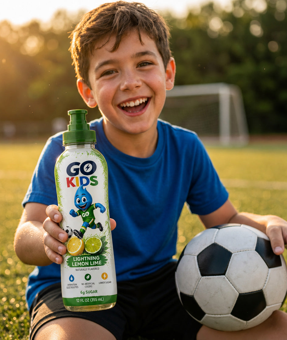 A smiling boy in a blue shirt sits on a soccer field holding a bottle of GO KIDS Lightning Lemon Lime drink and a soccer ball. The background shows a blurred soccer goal and trees during golden hour.