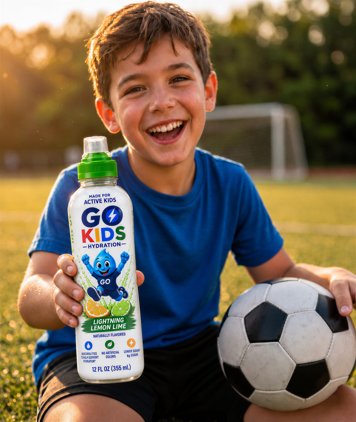 A smiling boy in a blue shirt sits on a soccer field holding a bottle of GO KIDS Lightning Lemon Lime drink and a soccer ball. The background shows a blurred soccer goal and trees during golden hour.