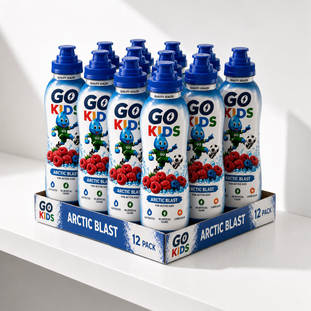 A 12-pack display of GO KIDS Arctic Blast sports drink bottles on a white shelf. The bottle are white with blue caps and labels, featuring the blue GO KIDS character and Arctic Blast flavor graphics.