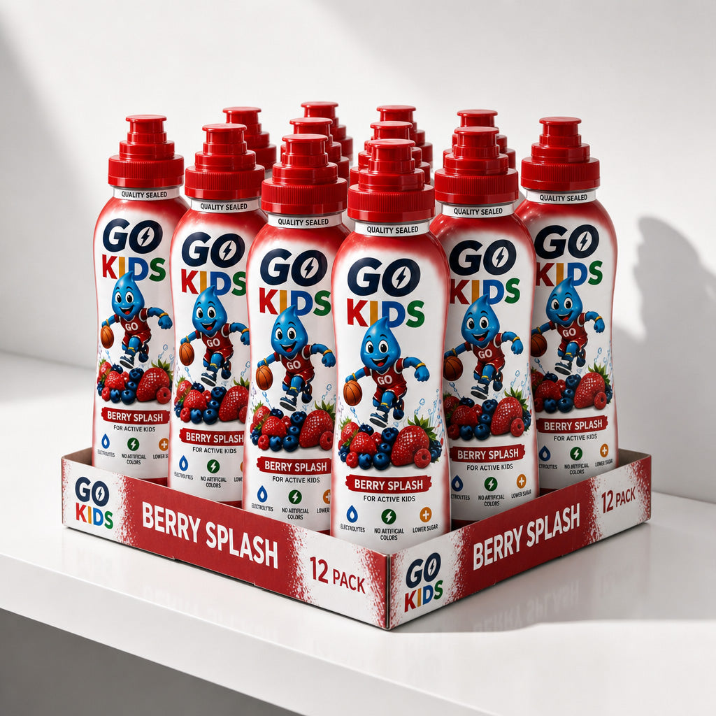 A 12-pack display tray of GO KIDS Berry Splash sports drink bottles arranged on a white shelf against a white background.