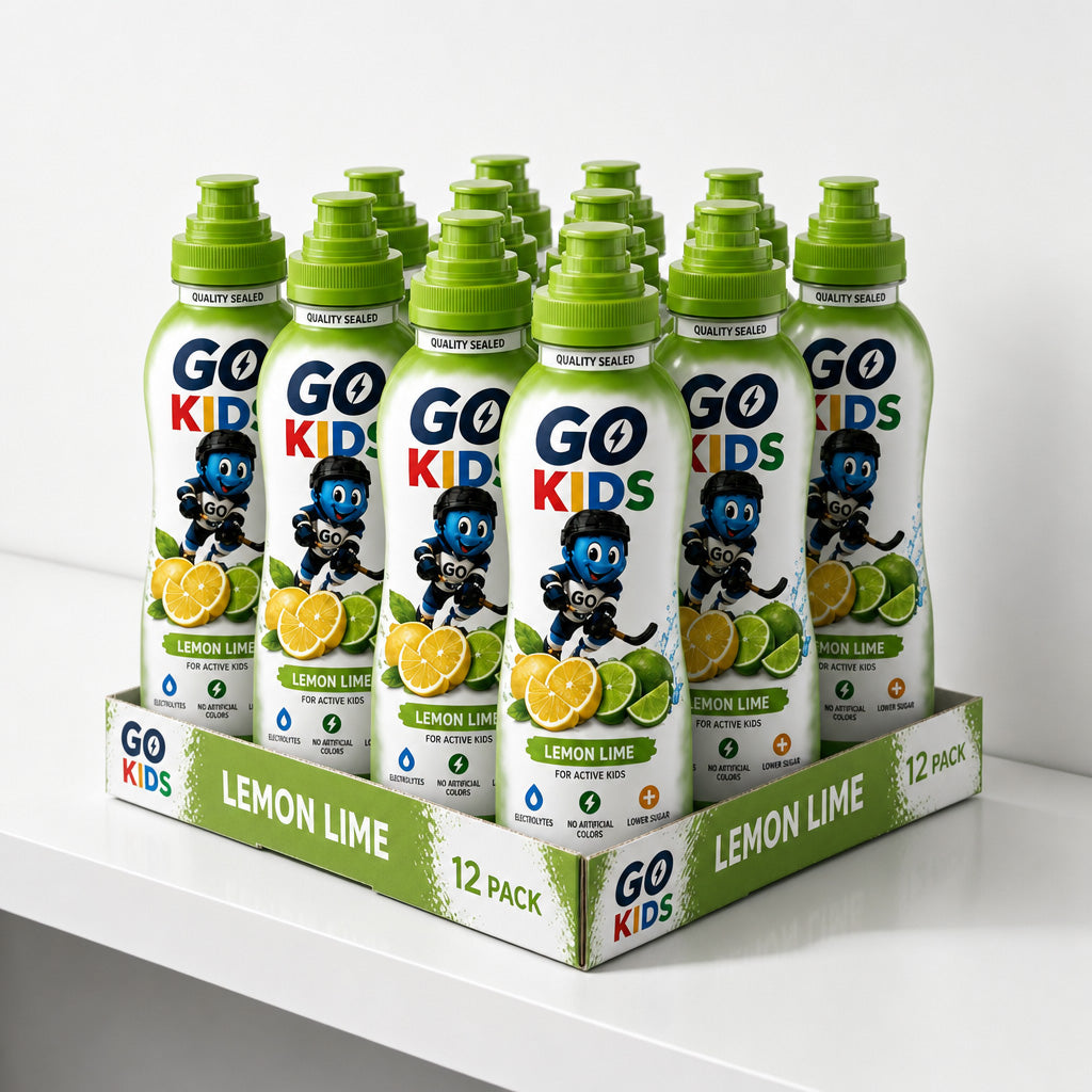 A 12-pack display tray of Go Kids Lemon Lime sports drink bottles for kids, arranged on a white shelf against a light gray background.