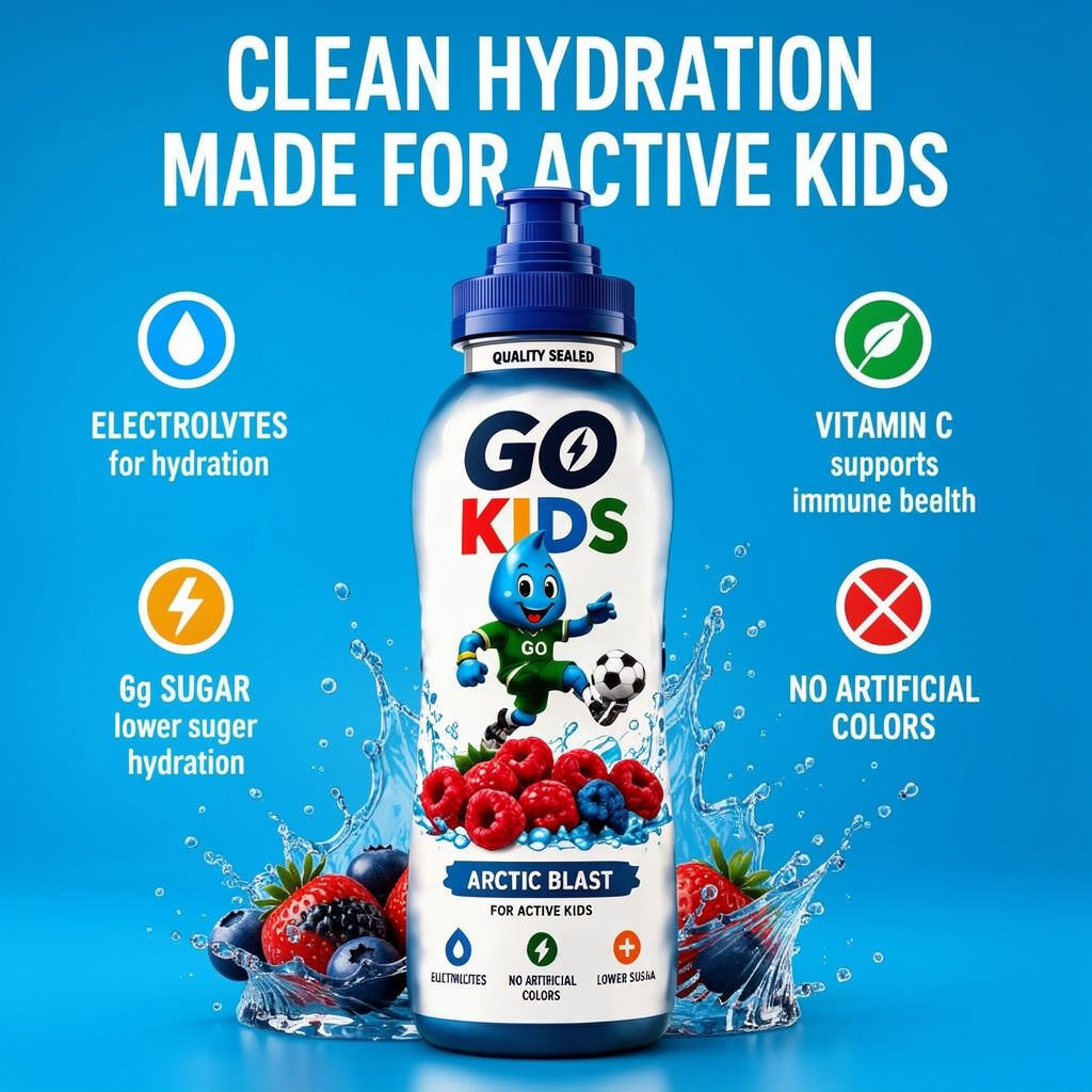 A bottle of Go Kids Arctic Blast drink centered on a bright blue background with marketing text and icons about electrolytes, vitamin C, sugar, and artificial colors. The bottle is white with a dark blue cap and colorful Go Kids branding, surrounded by fruit and water splash graphics.