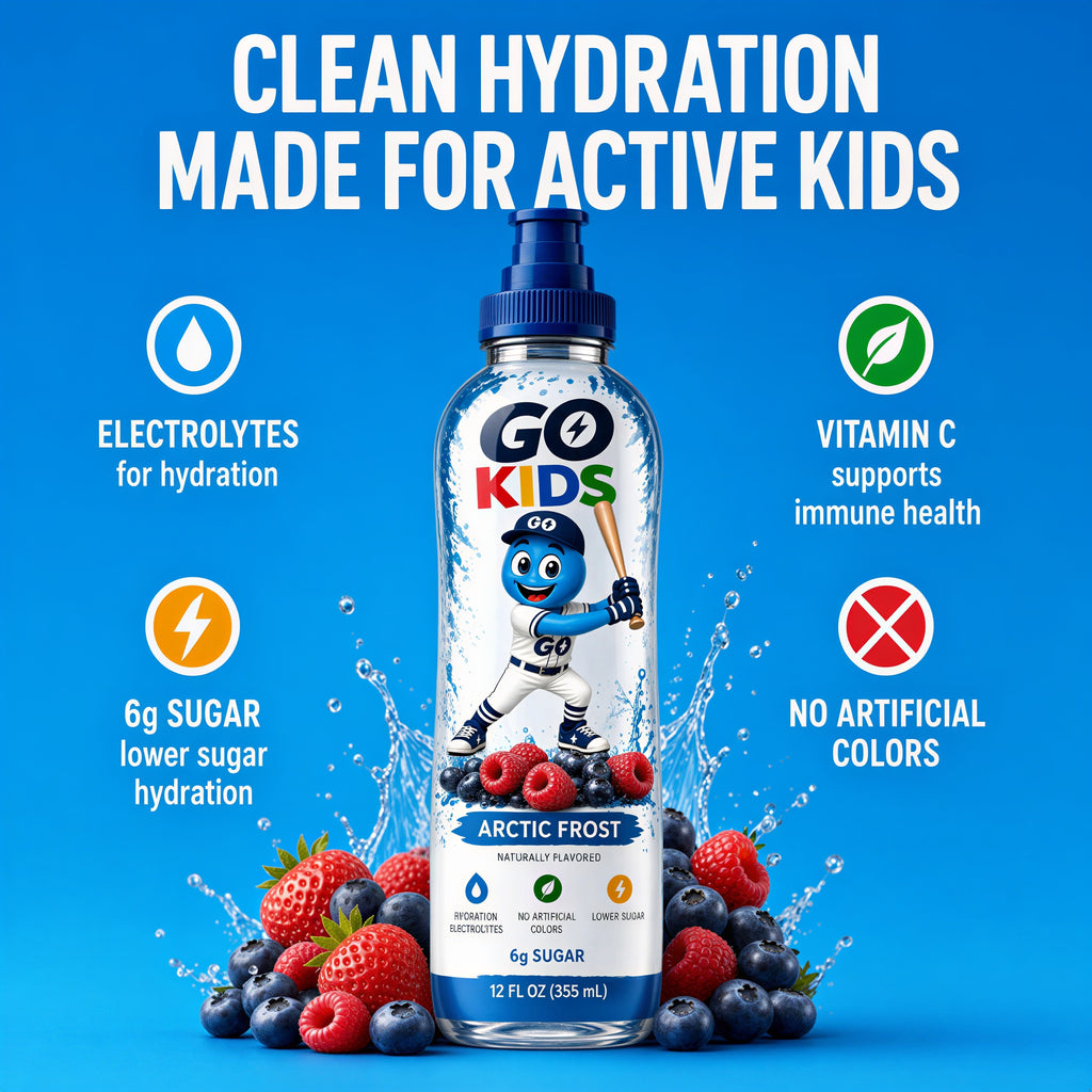 A bottle of Go Kids Arctic Frost drink centered on a bright blue background with marketing text and icons about electrolytes, vitamin C, sugar, and artificial colors. The bottle is white with a dark blue cap and colorful Go Kids branding, surrounded by fruit and water splash graphics.
