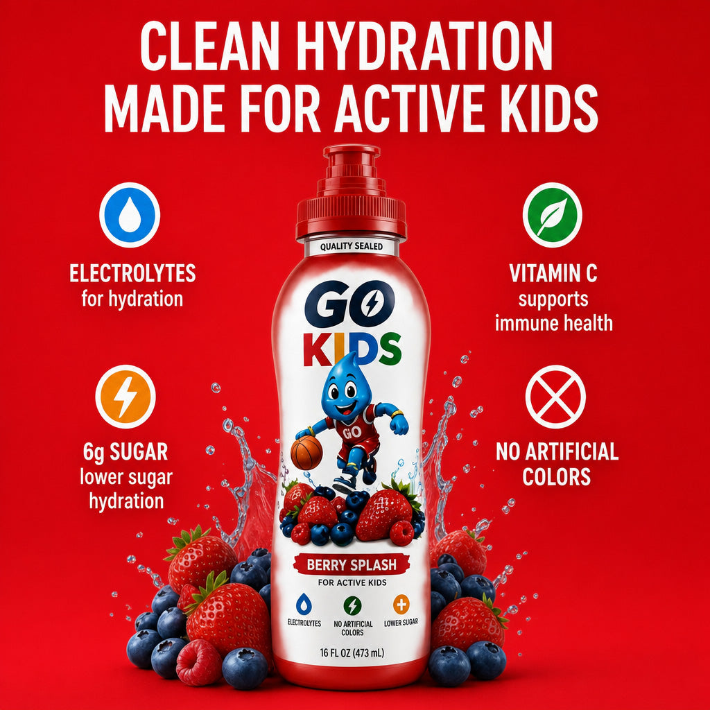 A bottle of Go Kids Berry Splash drink centered on a bright red background with promotional text and fruit graphics. The bottle label shows a cartoon blue character and berries, with callouts about electrolytes, vitamin C, sugar, and artificial colors.