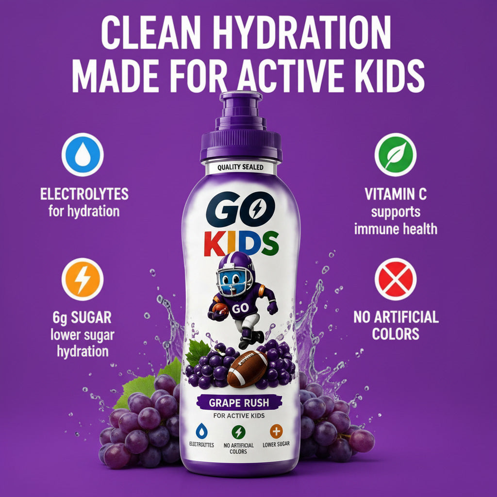 A bottle of GO KIDS Grape Rush sports drink centered on a purple background with marketing text and grape graphics. The bottle label shows a football player and grapes, with callouts about electrolytes, vitamin C, sugar, and artificial colors.