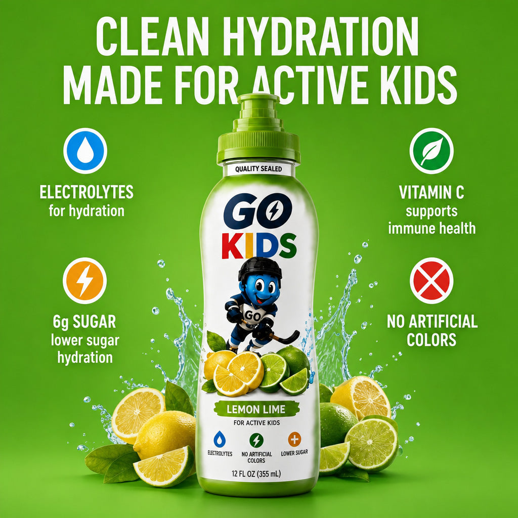 A bottle of Go Kids lemon lime flavored sports drink centered on a bright green background with marketing text and fruit graphics. The bottle is white with a green cap and label accents, featuring the Go Kids logo and a cartoon character.