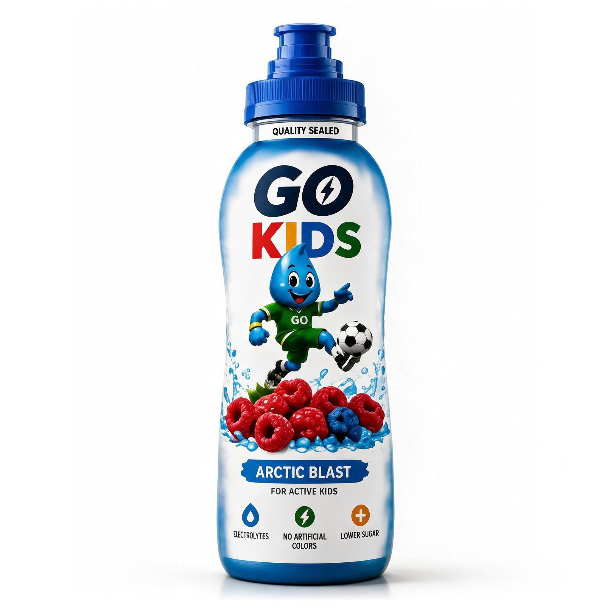 A bottle of GO KIDS Arctic Blast juice for active kids, featuring a blue and white design with a cartoon character and fresh berries on the label, set against a plain white background.