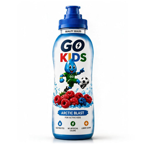 A bottle of GO KIDS Arctic Blast juice for active kids, featuring a blue and white design with a cartoon character and fresh berries on the label, set against a plain white background.