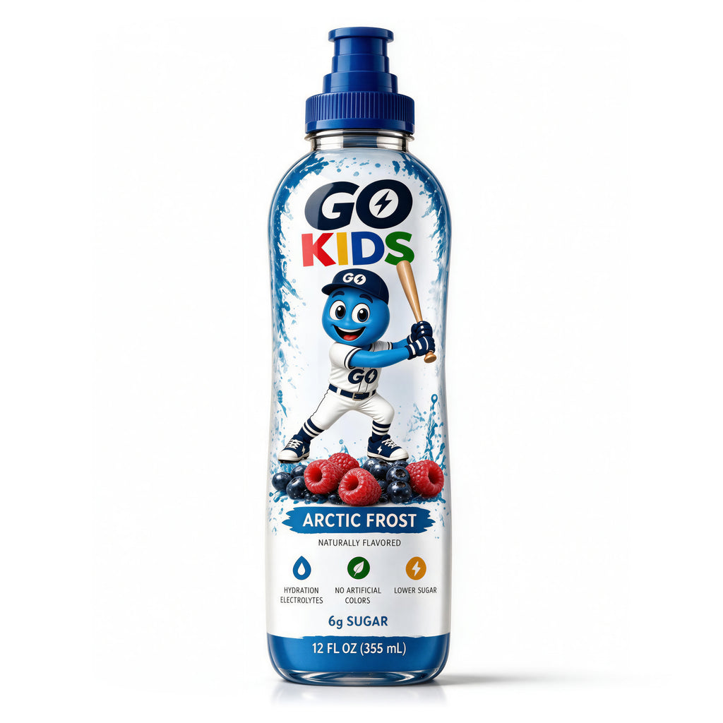 A bottle of GO KIDS Arctic Frost juice for active kids, featuring a blue and white design with a cartoon character and fresh berries on the label, set against a plain white background.