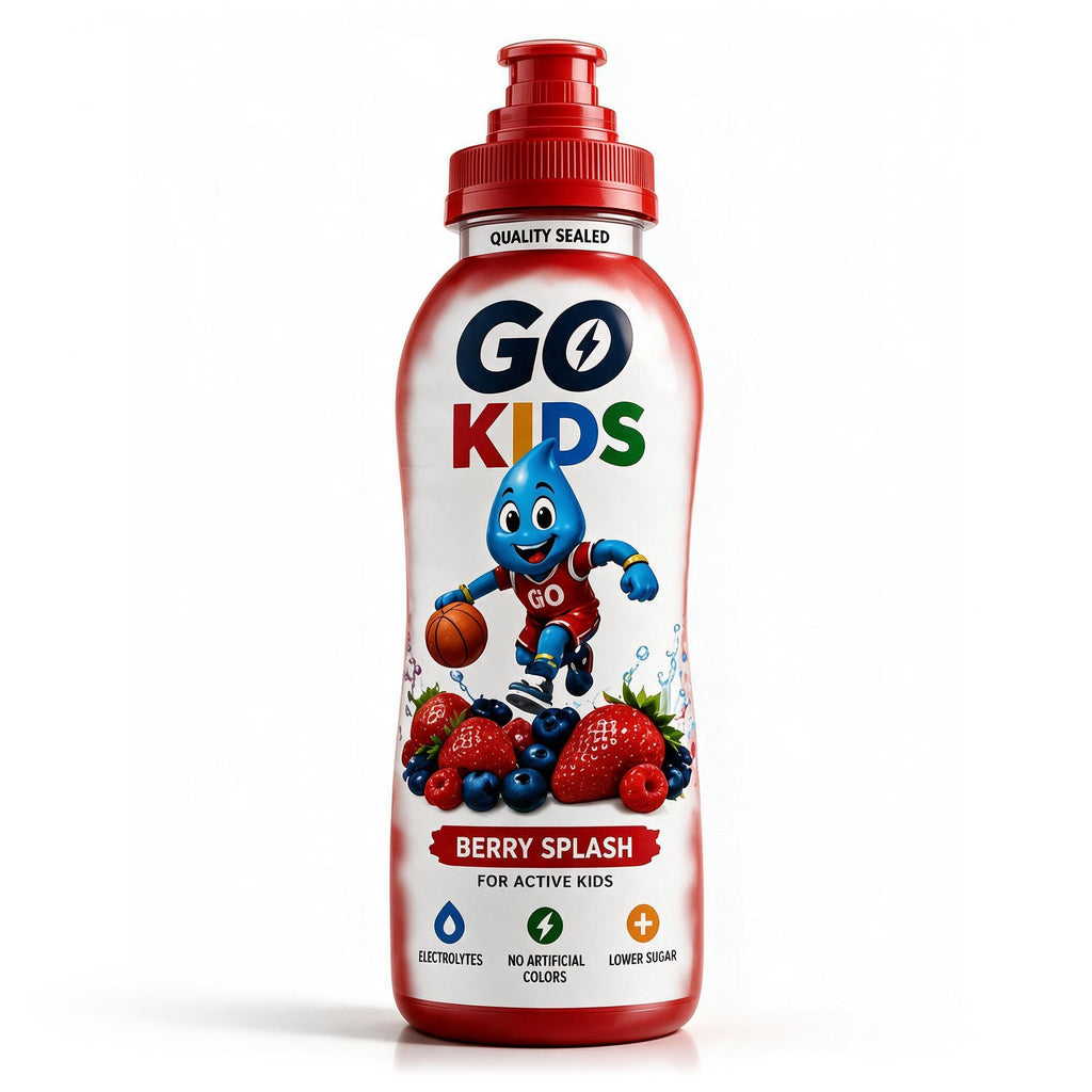 A bottle of Go Kids Berry Splash juice for active kids, featuring a red cap and a white label with a blue cartoon character and illustrations of berries, on a white background.