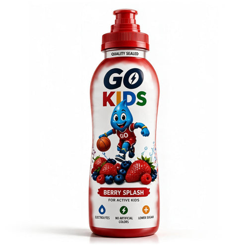 A bottle of Go Kids Berry Splash juice for active kids, featuring a red cap and a white label with a blue cartoon character and illustrations of berries, on a white background.
