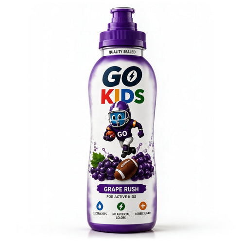 A bottle of GO KIDS Grape Rush sports drink for active kids, featuring a purple cap and a white bottle with colorful graphics of a football player, grapes, and a football on a white background.