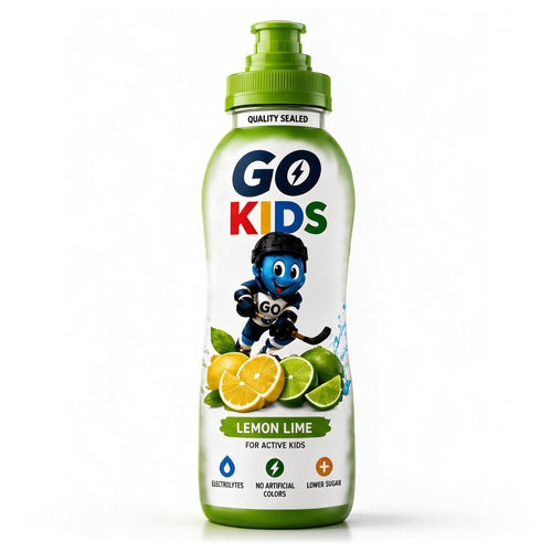 A bottle of GO KIDS Lemon Lime sports drink for active kids, featuring a white bottle with a green cap and a colorful label with a hockey player and citrus slices.