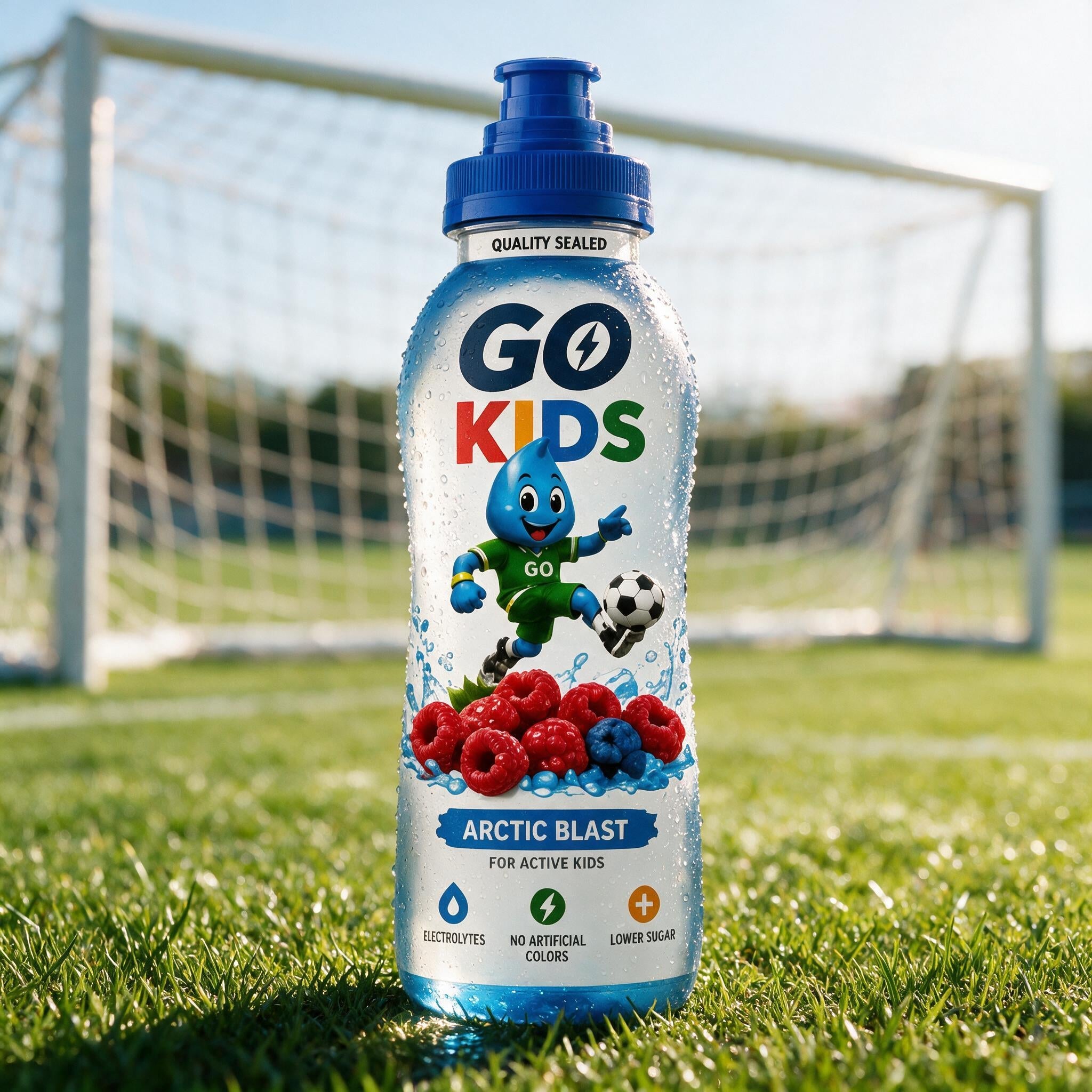 A bottle of GO KIDS Arctic Blast drink placed on green grass in front of a soccer goal, with the product centered and the brand name clearly visible on the label.