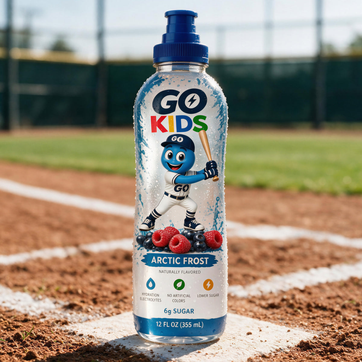 A bottle of GO KIDS Arctic Frost drink placed on green grass in front of a soccer goal, with the product centered and the brand name clearly visible on the label.