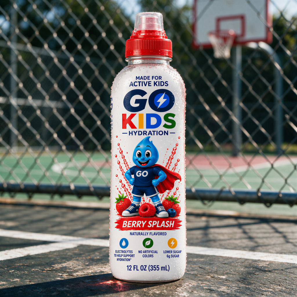 A bottle of Go Kids Berry Splash drink with a red cap, standing on a basketball court with a chain-link fence and hoop in the background.