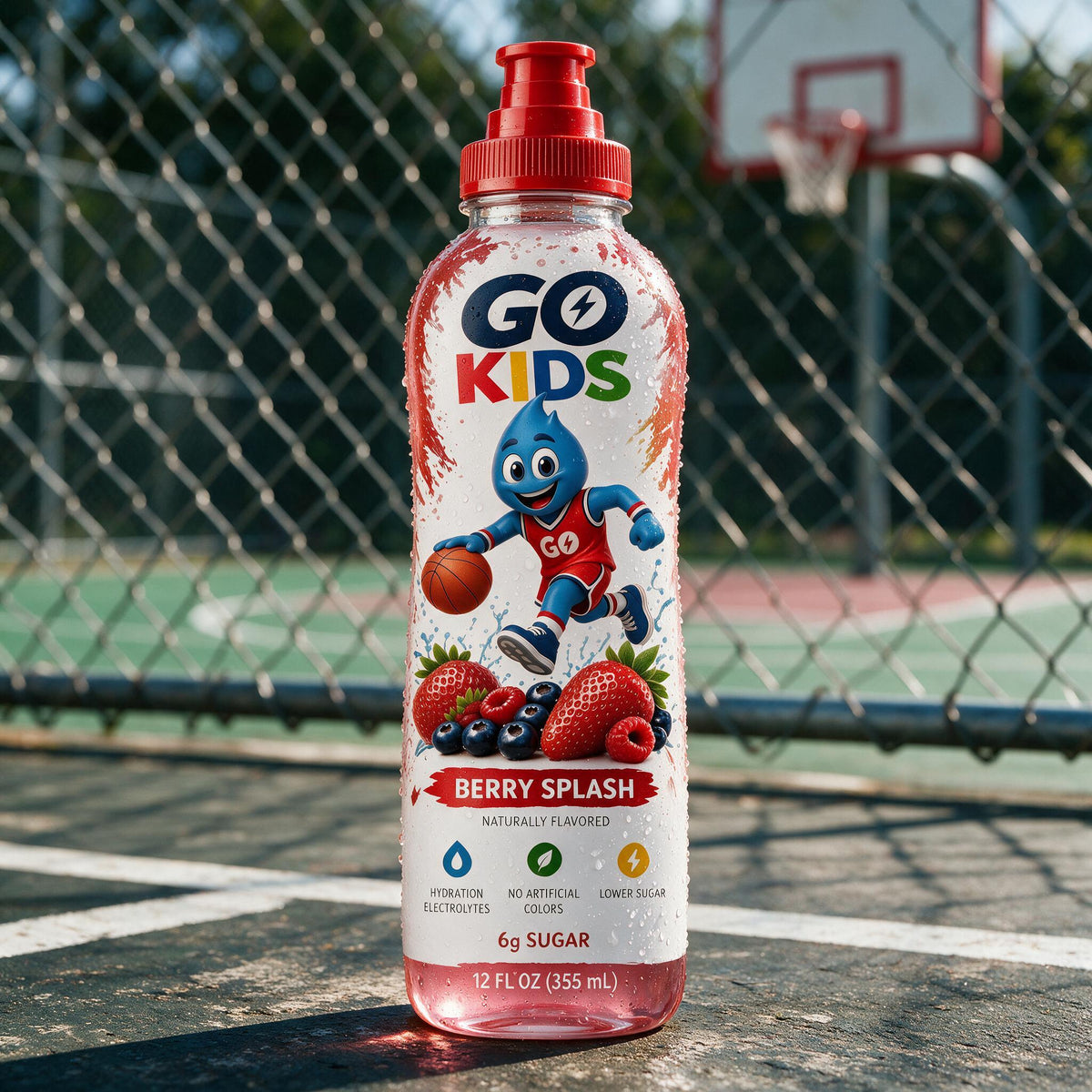 A bottle of Go Kids Berry Splash drink with a red cap, standing on a basketball court with a chain-link fence and hoop in the background.