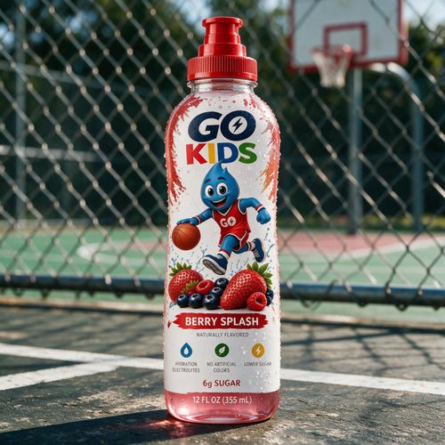 A bottle of Go Kids Berry Splash drink with a red cap, standing on a basketball court with a chain-link fence and hoop in the background.