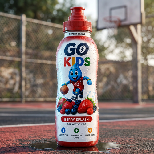 A bottle of Go Kids Berry Splash juice stands on a wet basketball court with a chain-link fence and hoop in the blurred background. The bottle has a red cap, a white label with the Go Kids logo and berry graphics, and water droplets on it.