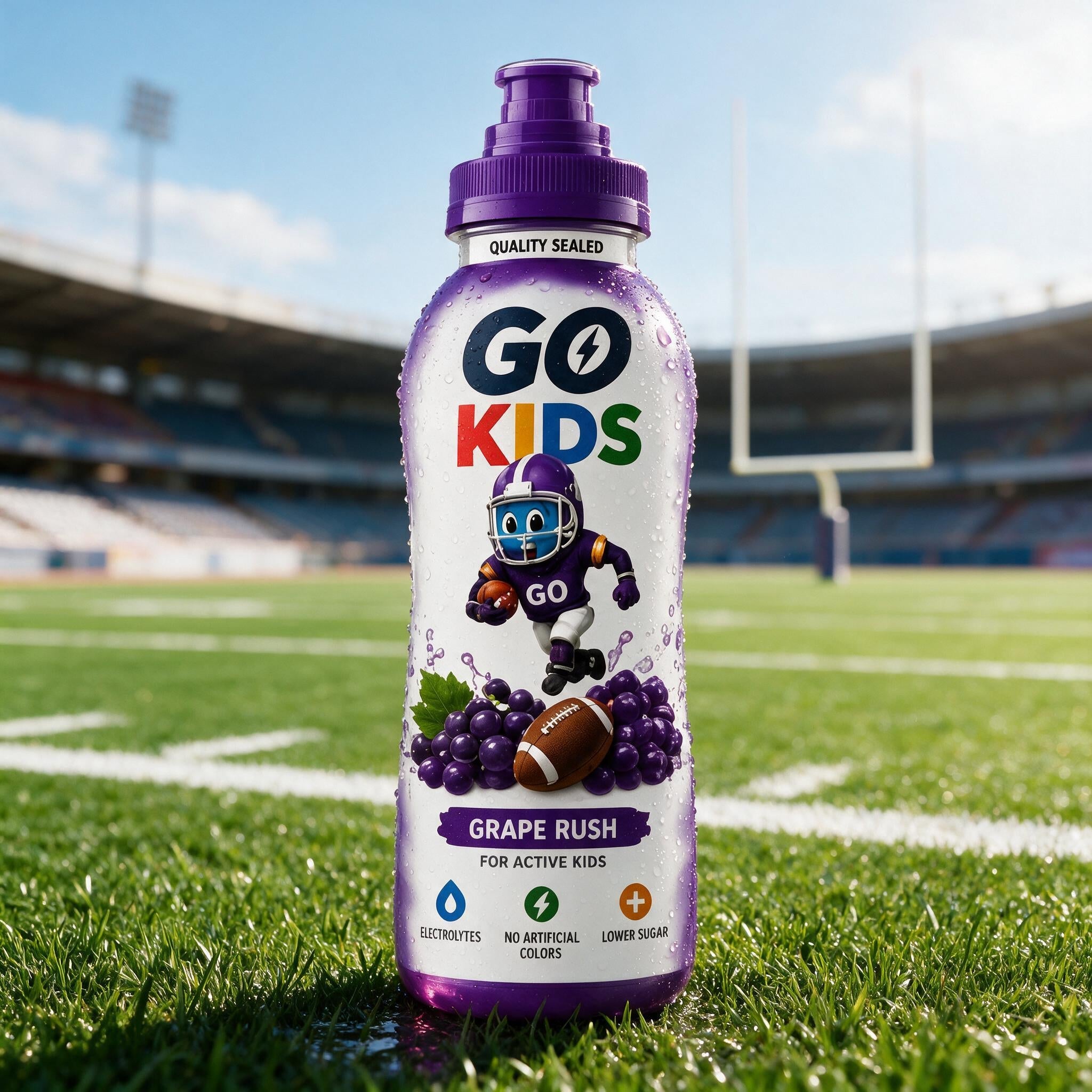 A bottle of GO KIDS Grape Rush drink placed on a green sports field with a stadium in the background. The bottle is purple and white with a cartoon football mascot and grape graphics.
