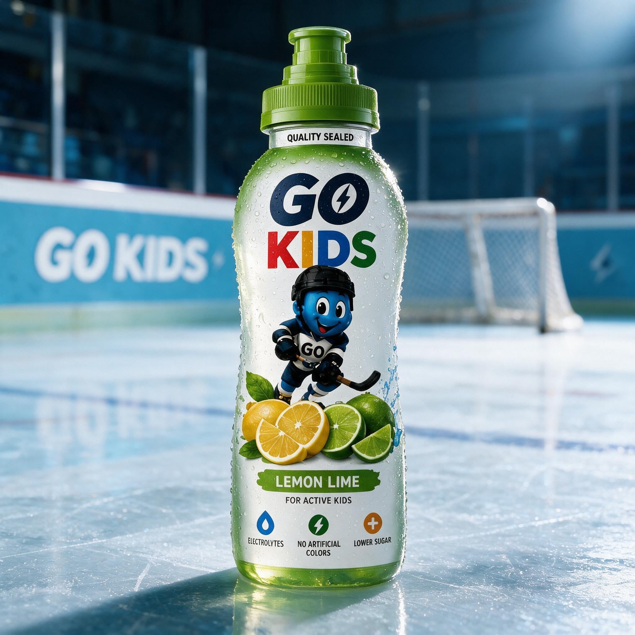 A bottle of GO KIDS Lemon Lime sports drink stands on an ice rink with a hockey goal and rink boards blurred in the background. The bottle has a green cap and a white label featuring the colorful GO KIDS logo, a cartoon hockey player, and lemon and lime graphics.