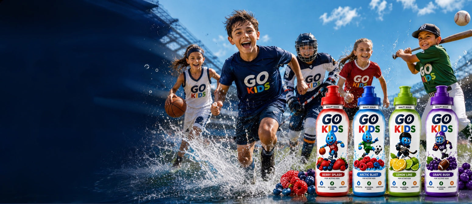 Go Kids athletes mid-splash with all four flavors